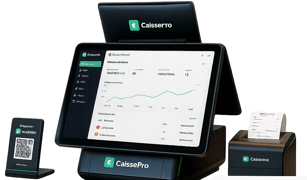 CaissePro sur tablette, ordinateur et imprimante de reçus