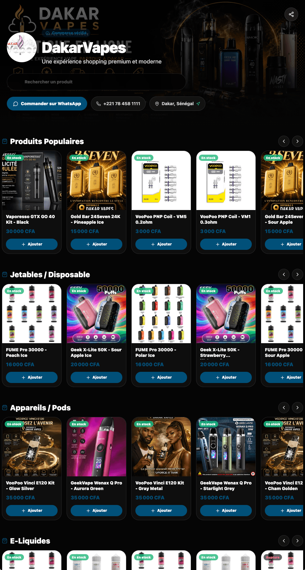 Boutique en ligne DakarVapes propulsée par CaissePro