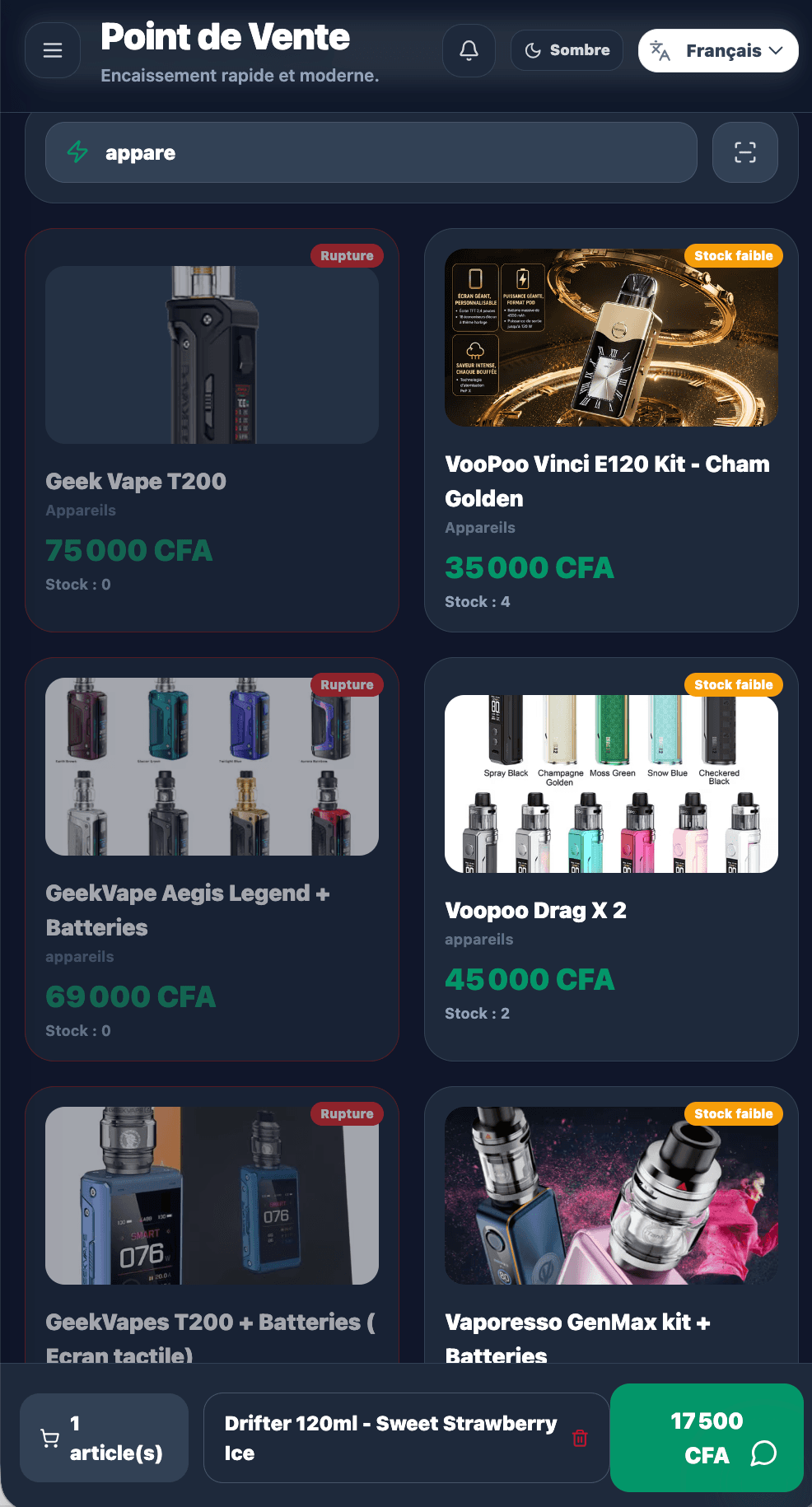 CaissePro — point de vente, grille de produits